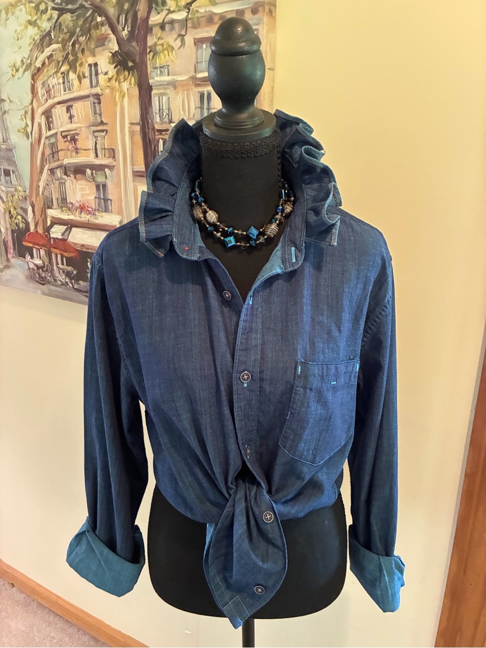 Women's Ruffle-Collar Button-Down Shirt — Denim Blue